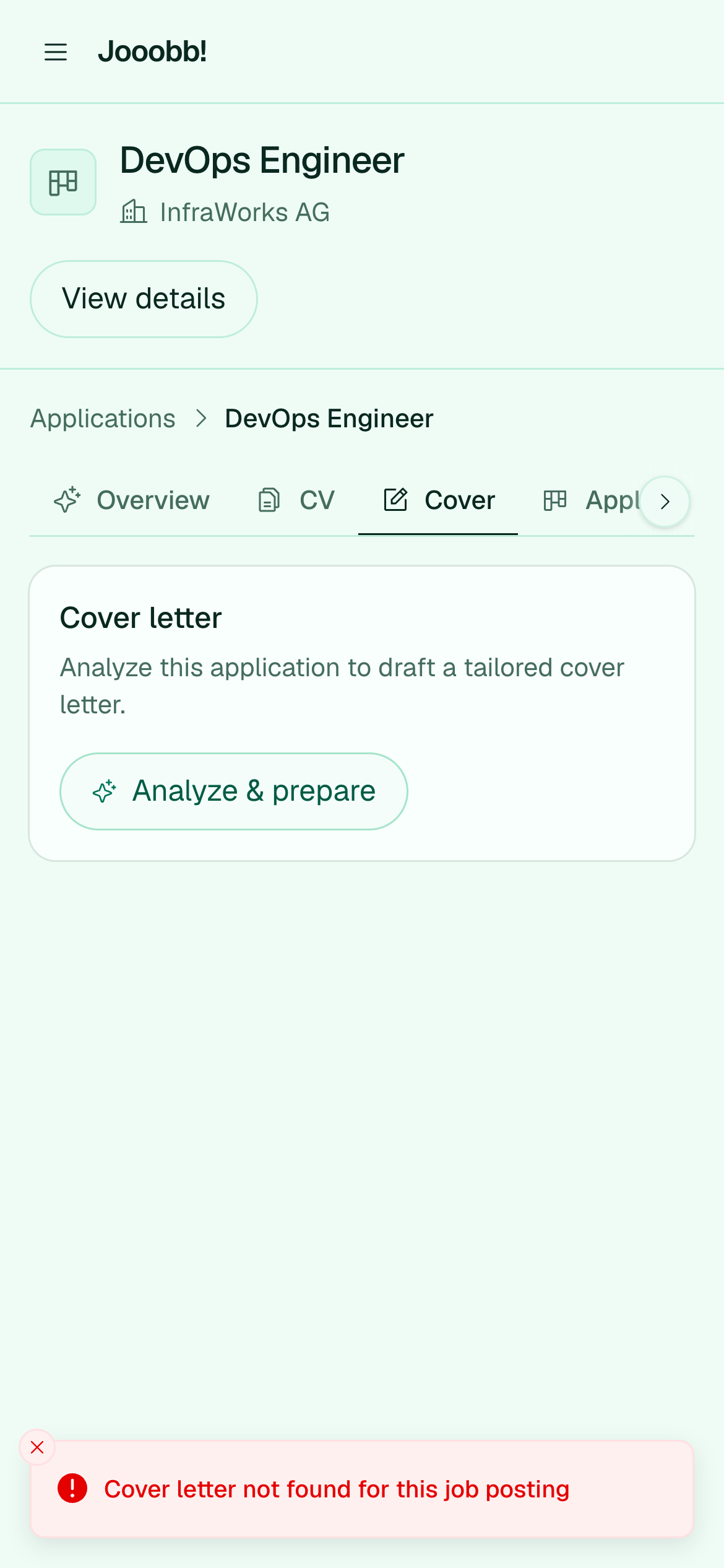 Cover letter generation on an application
