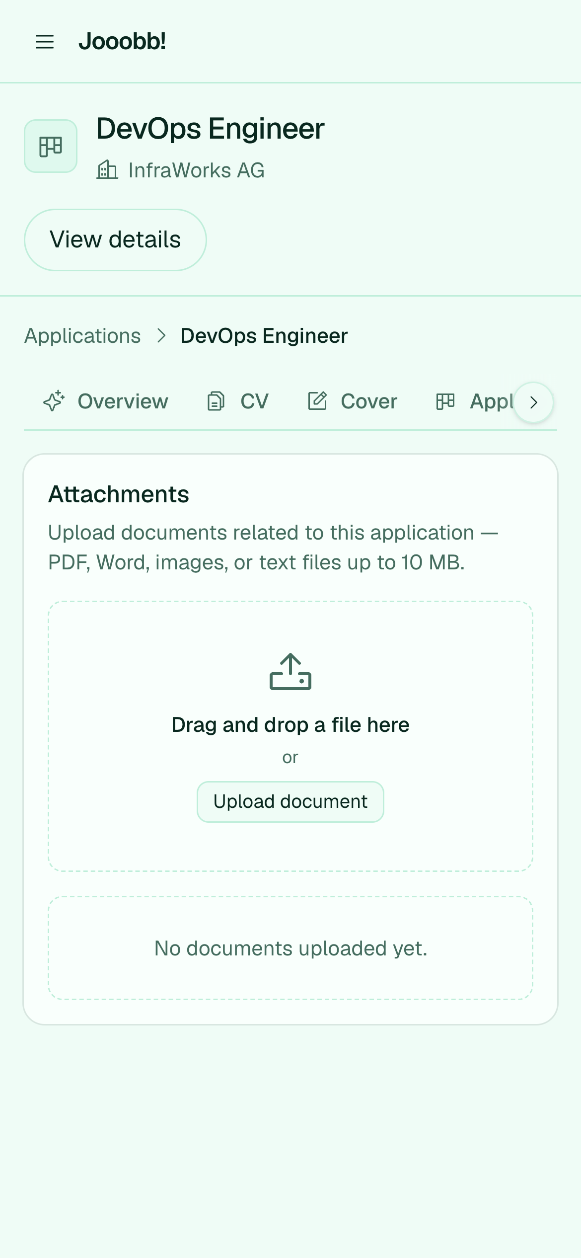 Documents tab with AI analysis on an application