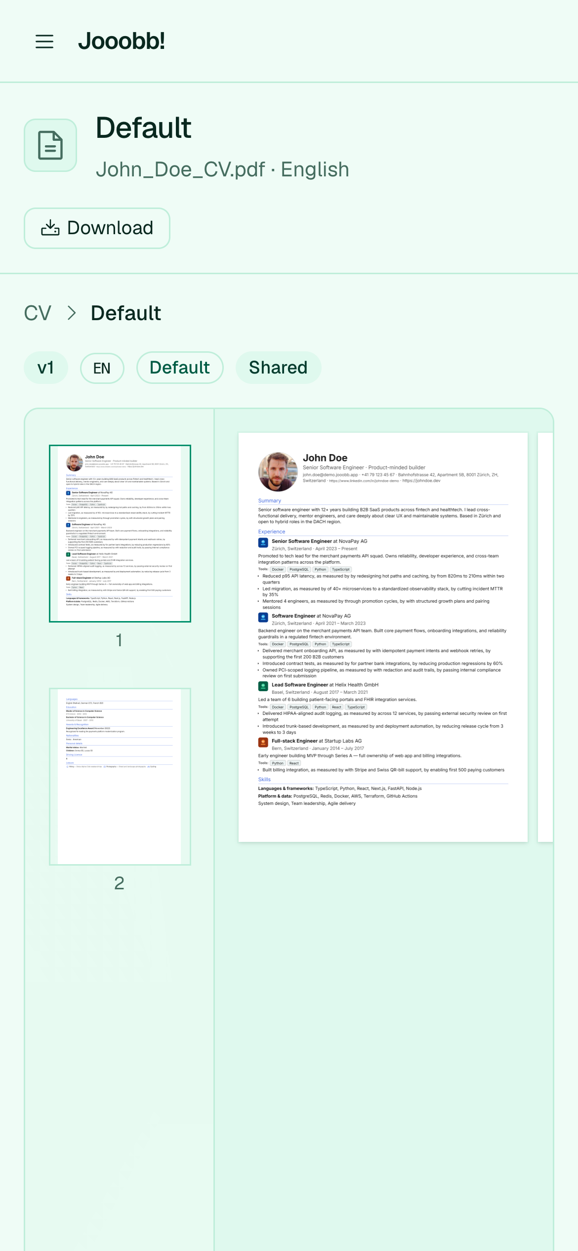 Preview of a saved CV version