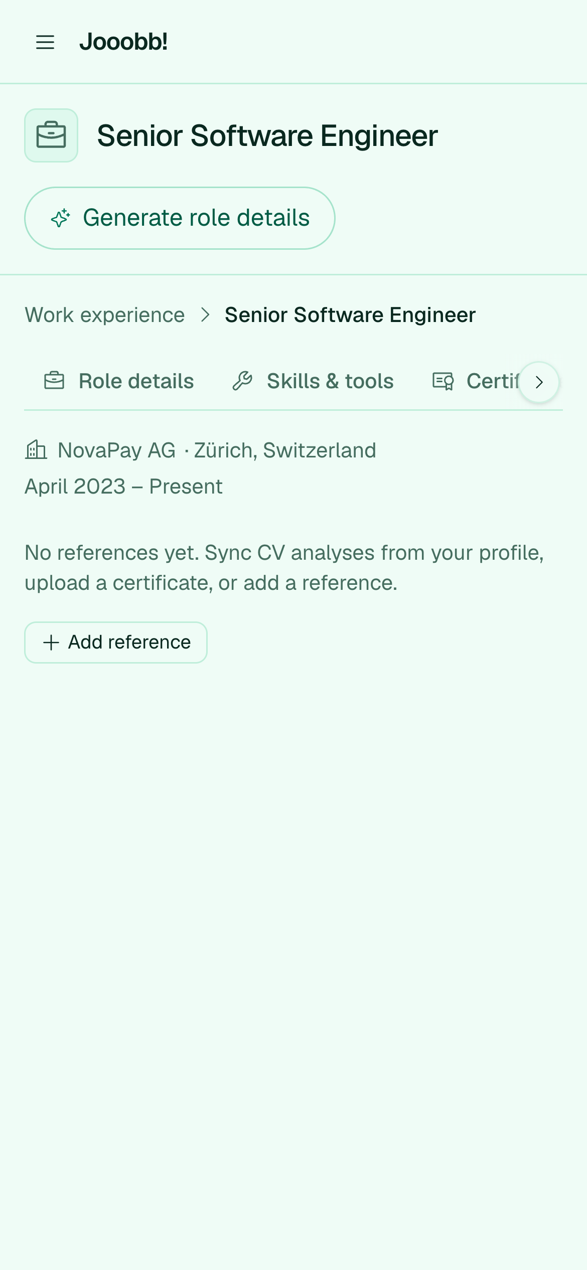 Context items attached to a work experience entry