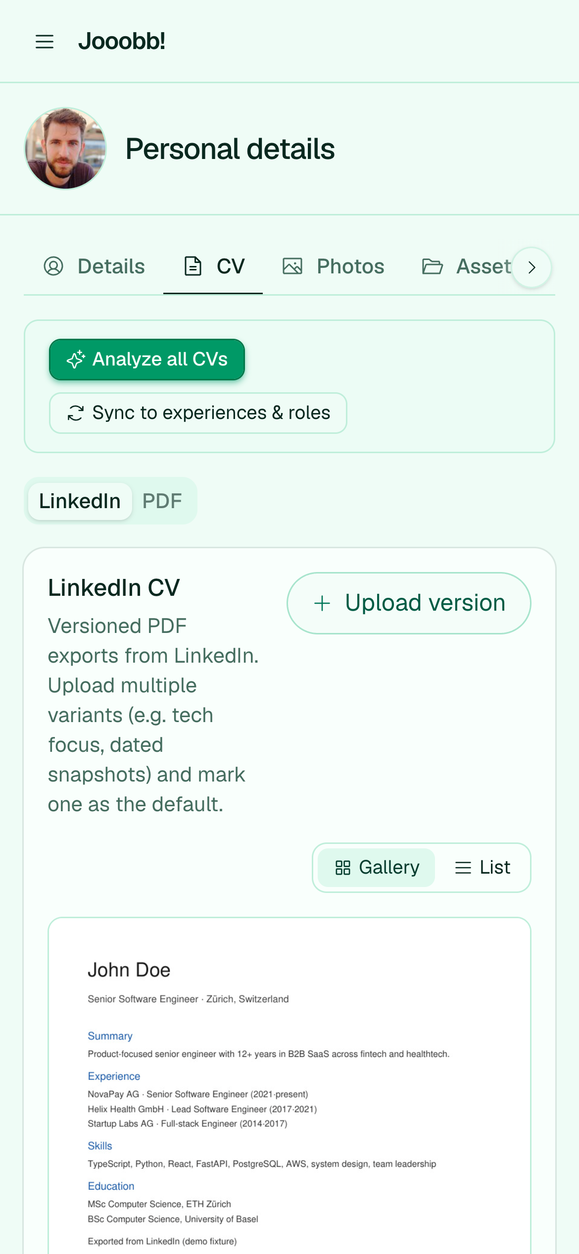 LinkedIn CV import and public link analysis on the profile CV tab